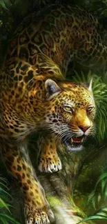 Leopard prowling in vibrant jungle scenery on mobile wallpaper.