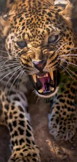 Close-up of a roaring leopard in natural habitat, showcasing its intense expression.