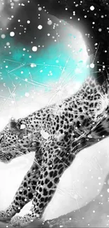 Dynamic leopard art with turquoise splashes, ideal for phone wallpaper.