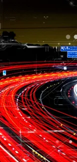 Dynamic red and white light trails on a highway at night.