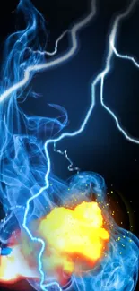 Electrifying wallpaper with lightning, blue smoke, and fiery explosion.