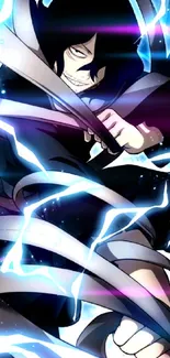 Anime character surrounded by dynamic lightning on phone wallpaper.