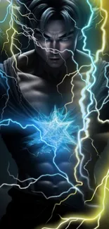 Powerful figure with blue and yellow lightning on a dark background.