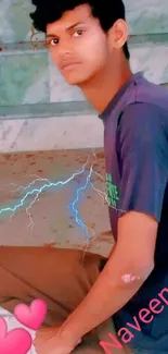 Young person on stairs with lightning effects.