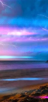 Vibrant beach scene with lightning and dramatic sky.