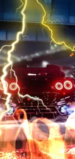 Dynamic car with lightning and flames in a striking wallpaper.