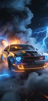 Lightning car in a stormy night scene with glowing elements.