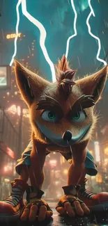 Animated fox with lightning in city scene