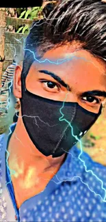 Masked person with blue lightning effect, vibrant background.