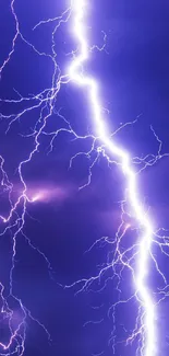 Vivid lightning bolt against a dark, cloudy sky background.