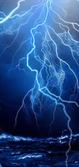 Electrifying blue lightning over a stormy ocean in this stunning phone wallpaper.