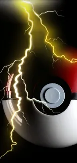 Lightning strikes Pokeball on dark background, vibrant mobile wallpaper.