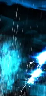 Dynamic wallpaper featuring rain and lightning in a dark blue sky.