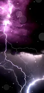 Lightning striking in a dark, stormy sky with vivid purple clouds.