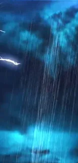 Blue lightning storm with raindrops on screen.