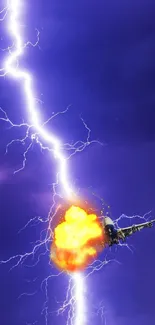 A striking lightning bolt hits with fiery explosion on dark sky background.