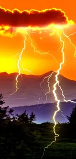 Lightning strikes against an orange sunset over mountains.