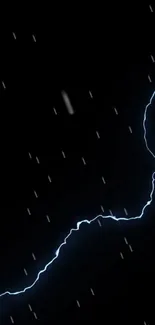 Dynamic lightning bolt on a dark background with rain drops.