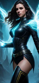 Dynamic warrior with lightning energy in dark futuristic setting.