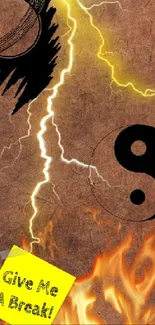 Dynamic lightning with yin yang symbol and fire on wallpaper.