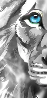 Dynamic grayscale lion art with striking blue eye.