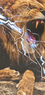 Roaring lion with lightning bolts in dynamic wallpaper.