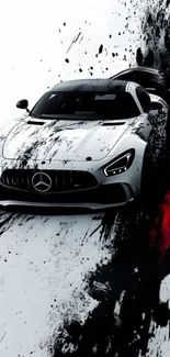 Dynamic luxury car art wallpaper with black splash design.