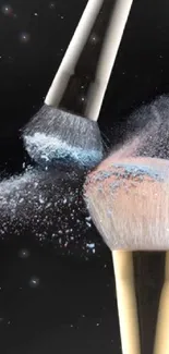 Artistic makeup brushes with colorful powder on black background.