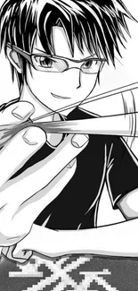 Black and white manga character holding something dynamic.