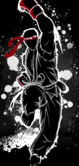 Dynamic martial artist silhouette on black background with red accents.