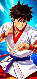 Anime martial artist in action with vibrant colors and dynamic pose.