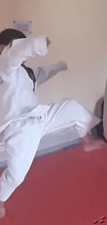 Young martial artist performing a dynamic Taekwondo move on a red mat.