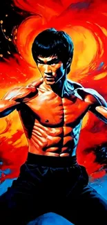 Martial artist in a fiery background, dynamic pose.