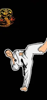 Martial artist performing a high kick with Cobra Kai logo.