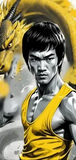 Martial artist and dragon in vibrant yellow.