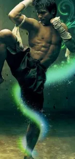 Dynamic martial artist with green energy swirls in background.