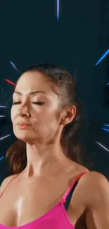 Woman meditating with neon streaks around her