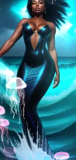 Powerful mermaid emerging from ocean waves in dramatic digital artwork.