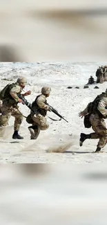 Soldiers in action on a desert landscape.