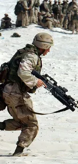 Soldiers in action in desert terrain, portraying dynamic military scene.