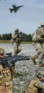 Military personnel in action with aircraft flying overhead.