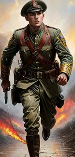 Dynamic military art wallpaper featuring a soldier in motion on fiery battlefield backdrop.