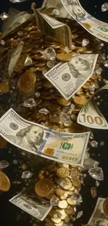 Whirlwind of money, coins, and gems creating a luxurious wallpaper design.