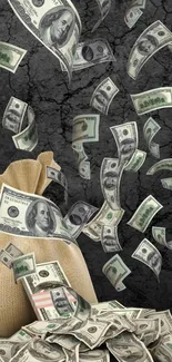 Dynamic wallpaper of flying dollar bills with a dark gray background.