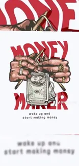 Artistic illustration with bold money theme, hands holding cash.