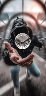 Hooded figure with crystal ball in motion blur on city bridge.