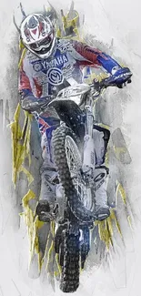 Dynamic motocross art with vibrant colors and an energetic motorbike rider.