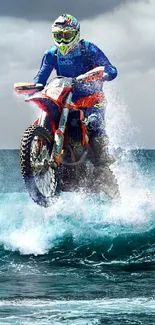 Motocross rider surfing ocean waves with stormy sky.