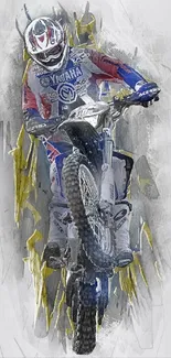 Motocross racer in dynamic action artwork, vibrant and energetic design.