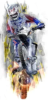 Dynamic motocross art wallpaper with vibrant motorcycle jump design.